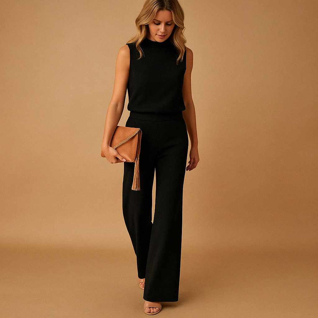 Feestelijke jumpsuit met wijde pijpen en ronde hals | Anna 4