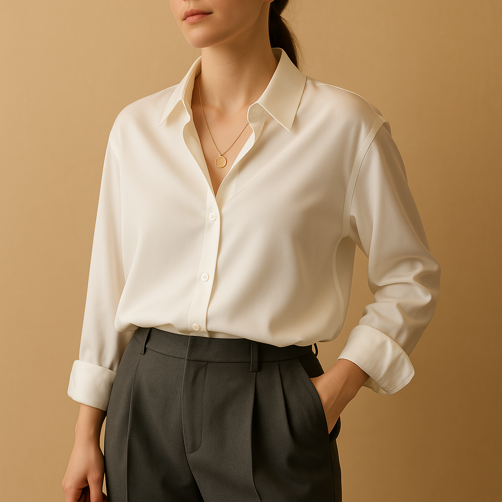 Witte blouse dames met luxe satijnen stof en omgeslagen kraag | Mirthe 5
