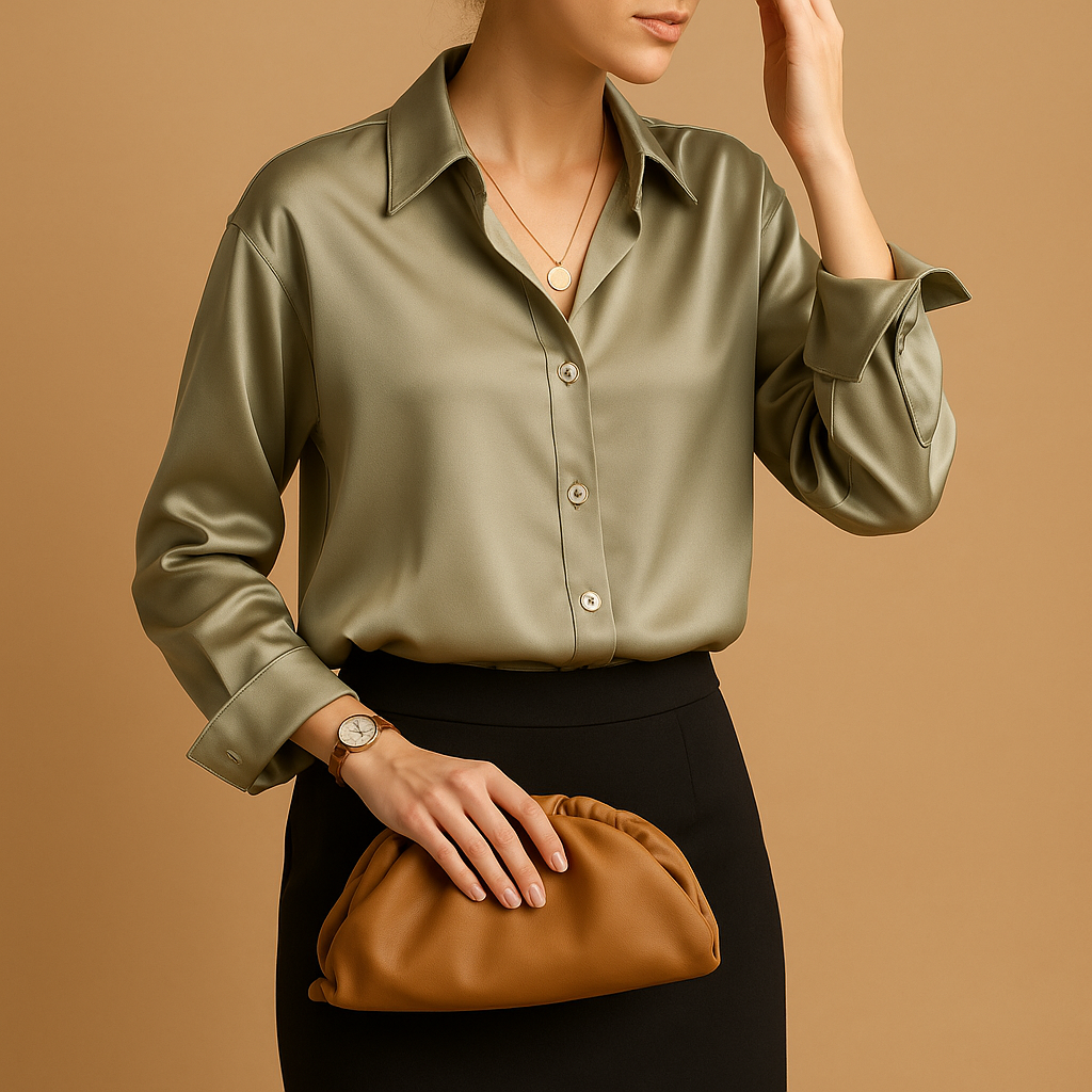 Witte blouse dames met luxe satijnen stof en omgeslagen kraag | Mirthe 3