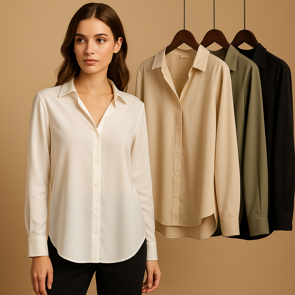 Witte blouse dames met luxe satijnen stof en omgeslagen kraag | Mirthe 6