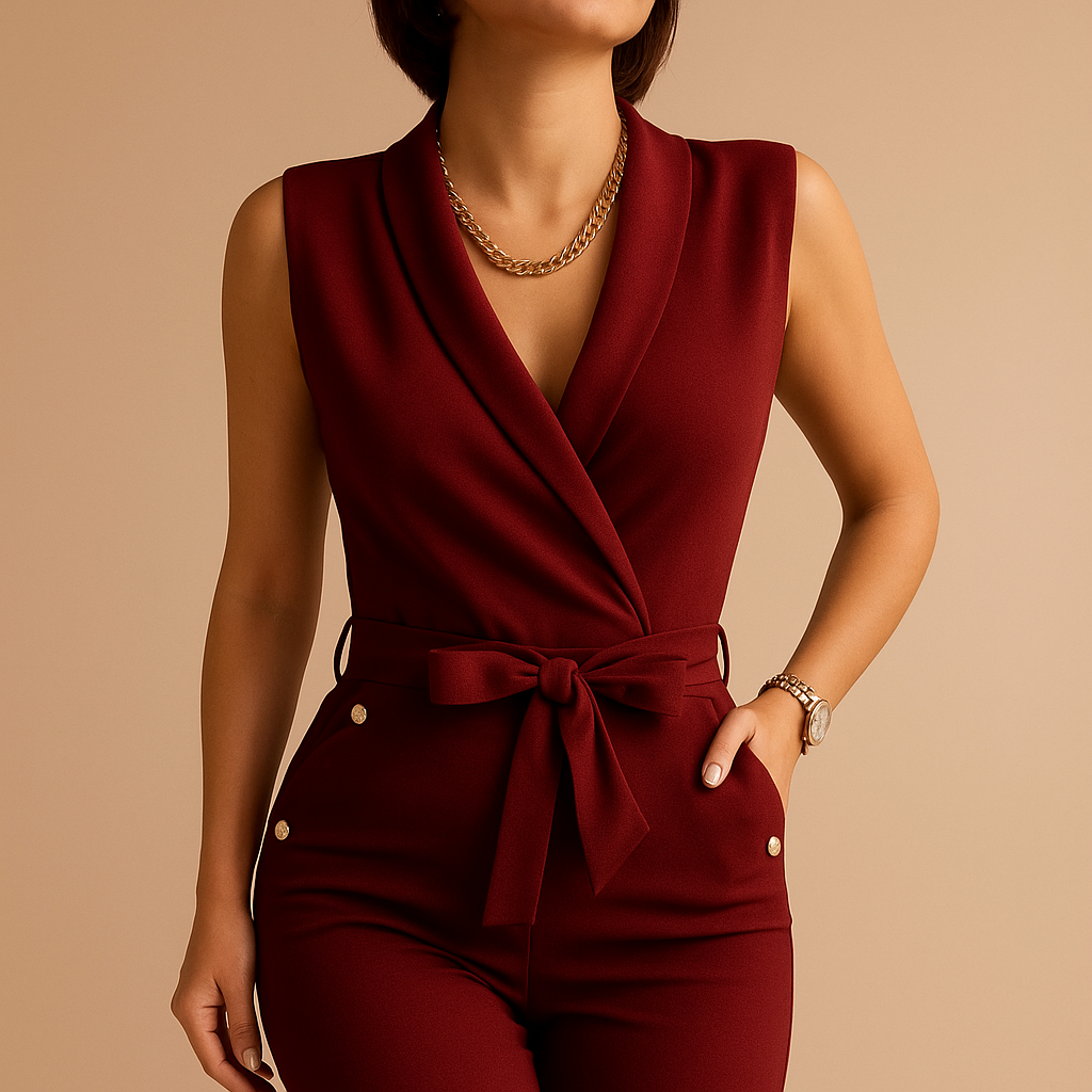 Feestelijke jumpsuit dames met V-hals en taille-strik | Yara 6