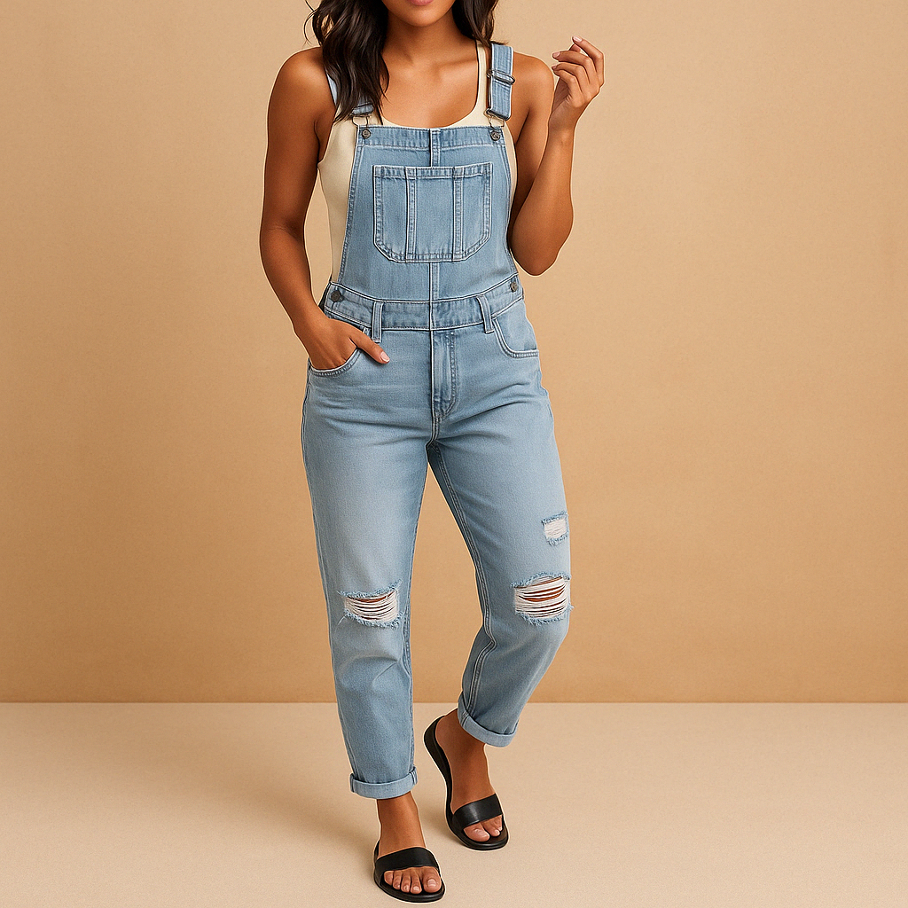 Denim Jumpsuit Dames met Verstelbare Bandjes en Ripped Details | Mila 3