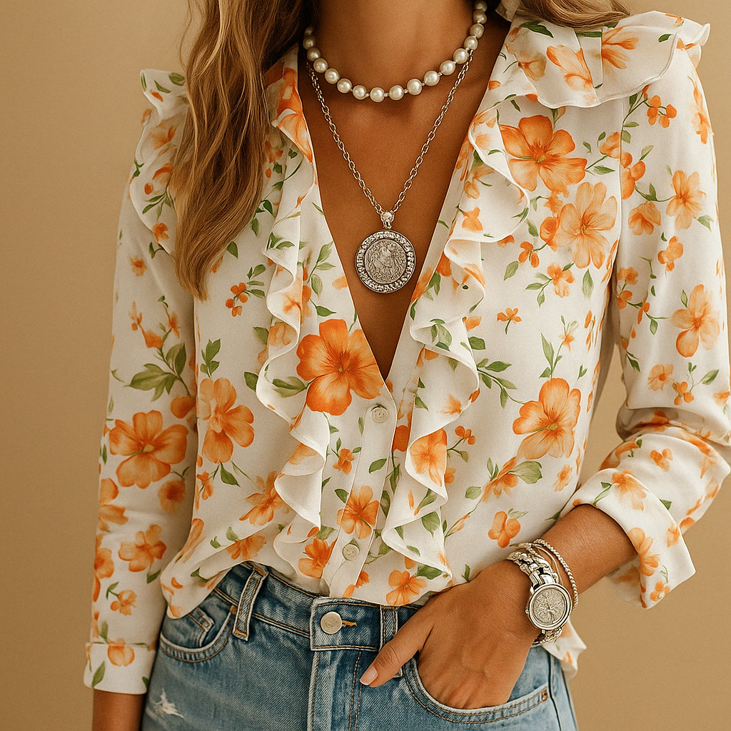 Witte blouse dames met Ruches en Vlinderprint | Merel 1