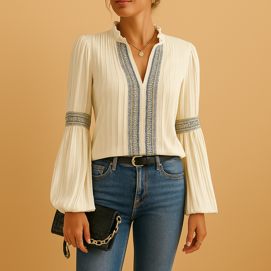 Dames blouse lange mouw met kant en lantaarnmouwen | Nadine 3