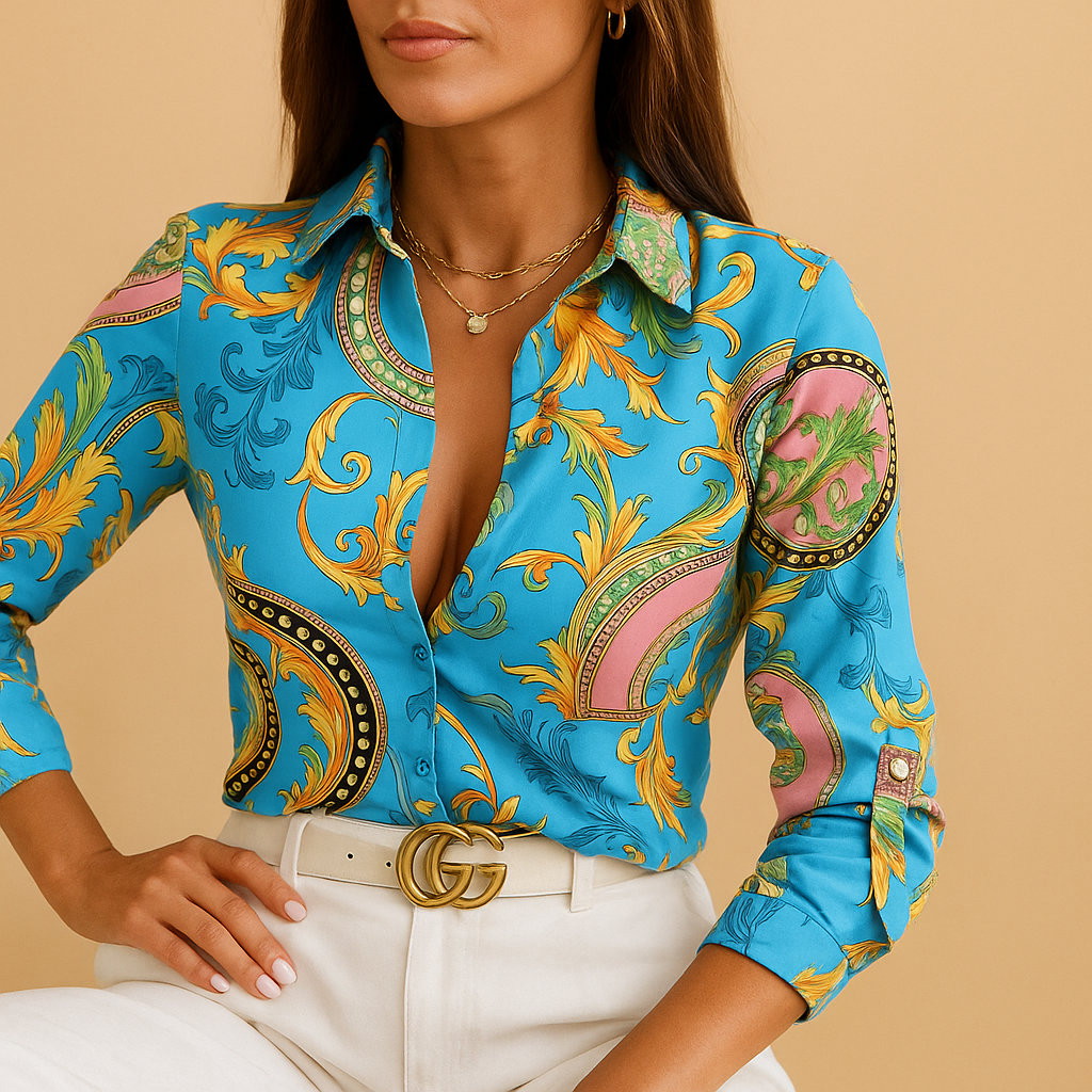 Dames blouse met overslaghals en opvallende print | Nina 1