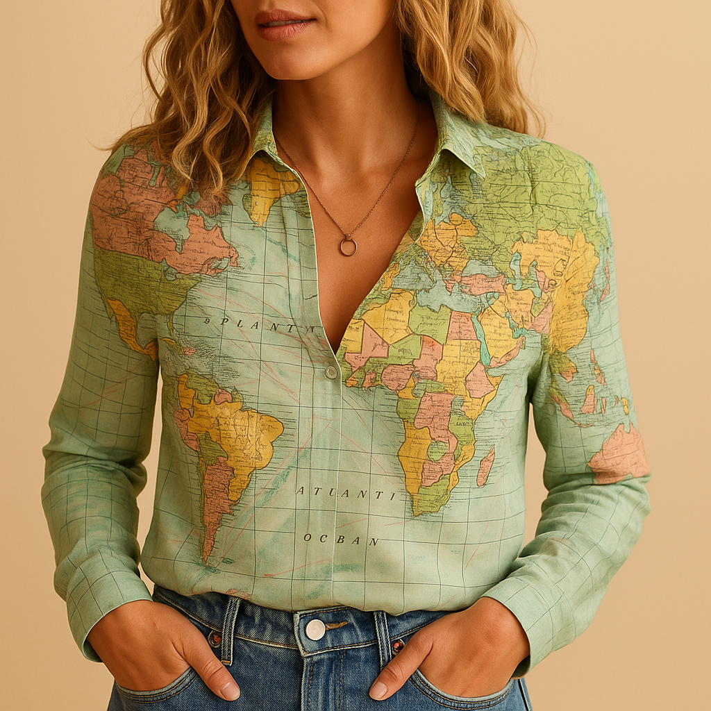 Dames blouse met wereldkaartprint en halve knoopsluiting | Linde 1