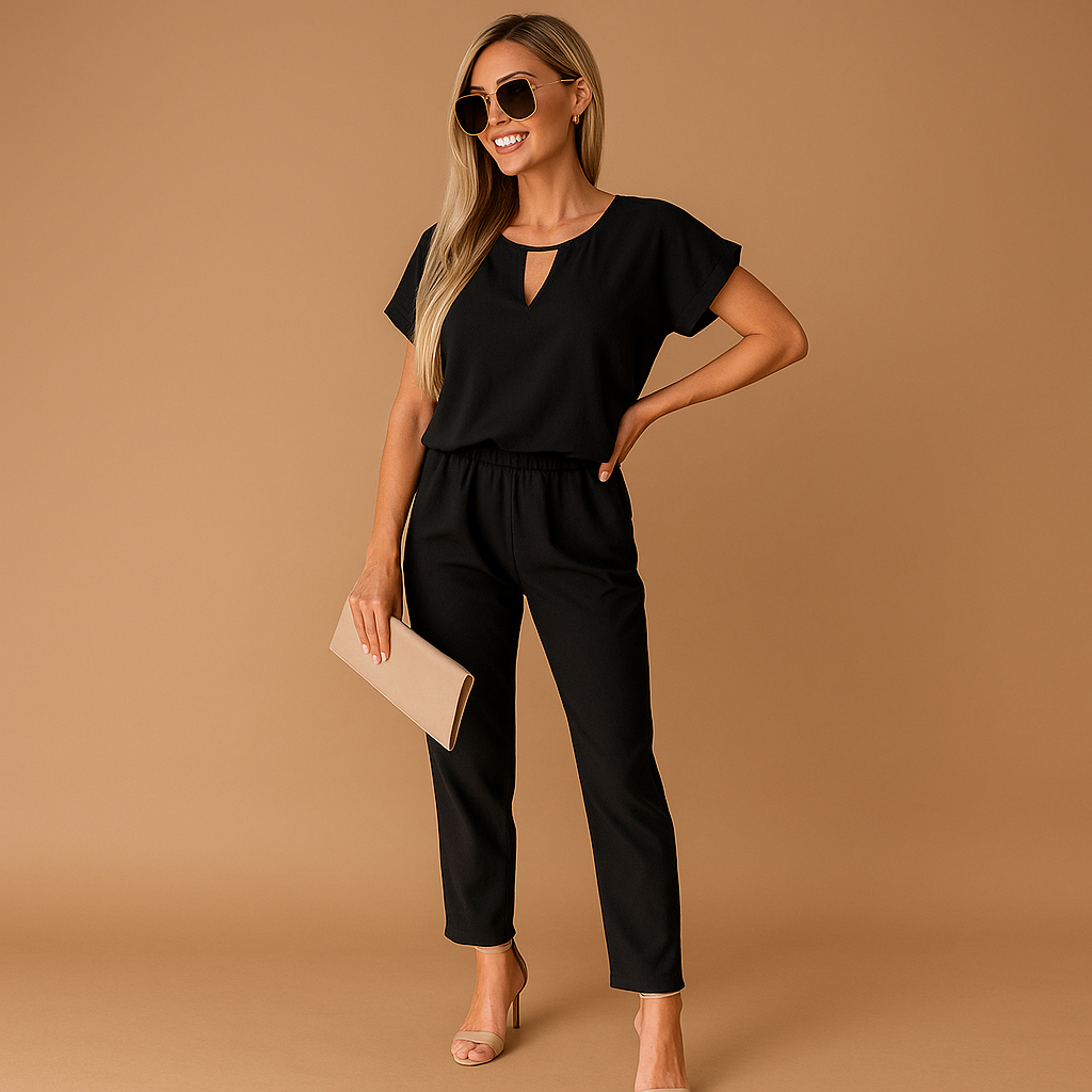 Zwarte jumpsuit dames met getailleerde pasvorm voor feesten | Milou 1