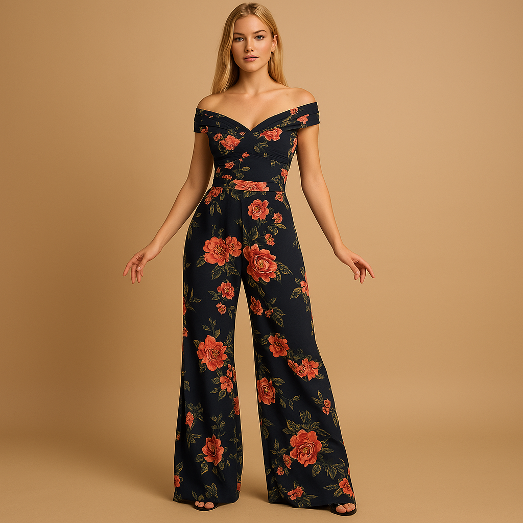Feestelijke jumpsuit dames met bloemenprint en off-shoulder | Juliette 2