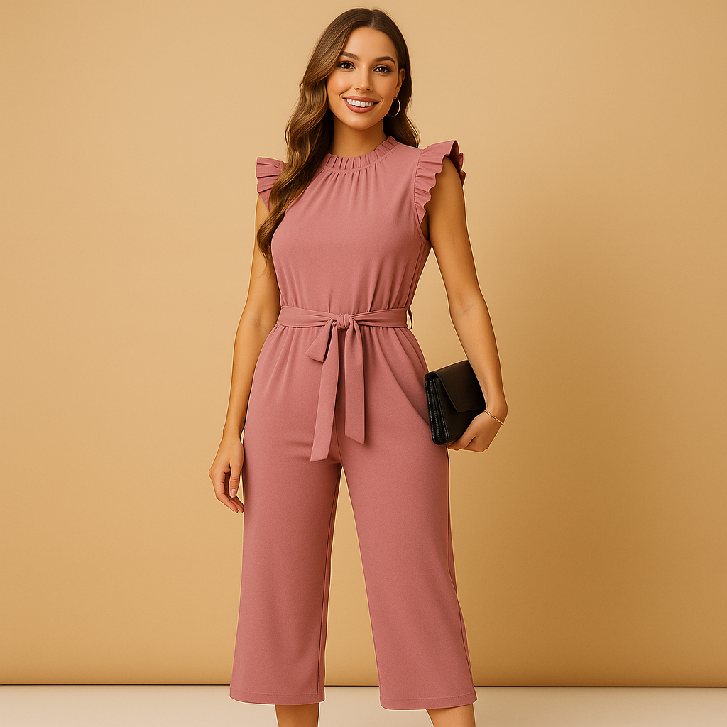 Feestelijke jumpsuit dames met ceintuur en kapmouwen | Yasmine 2