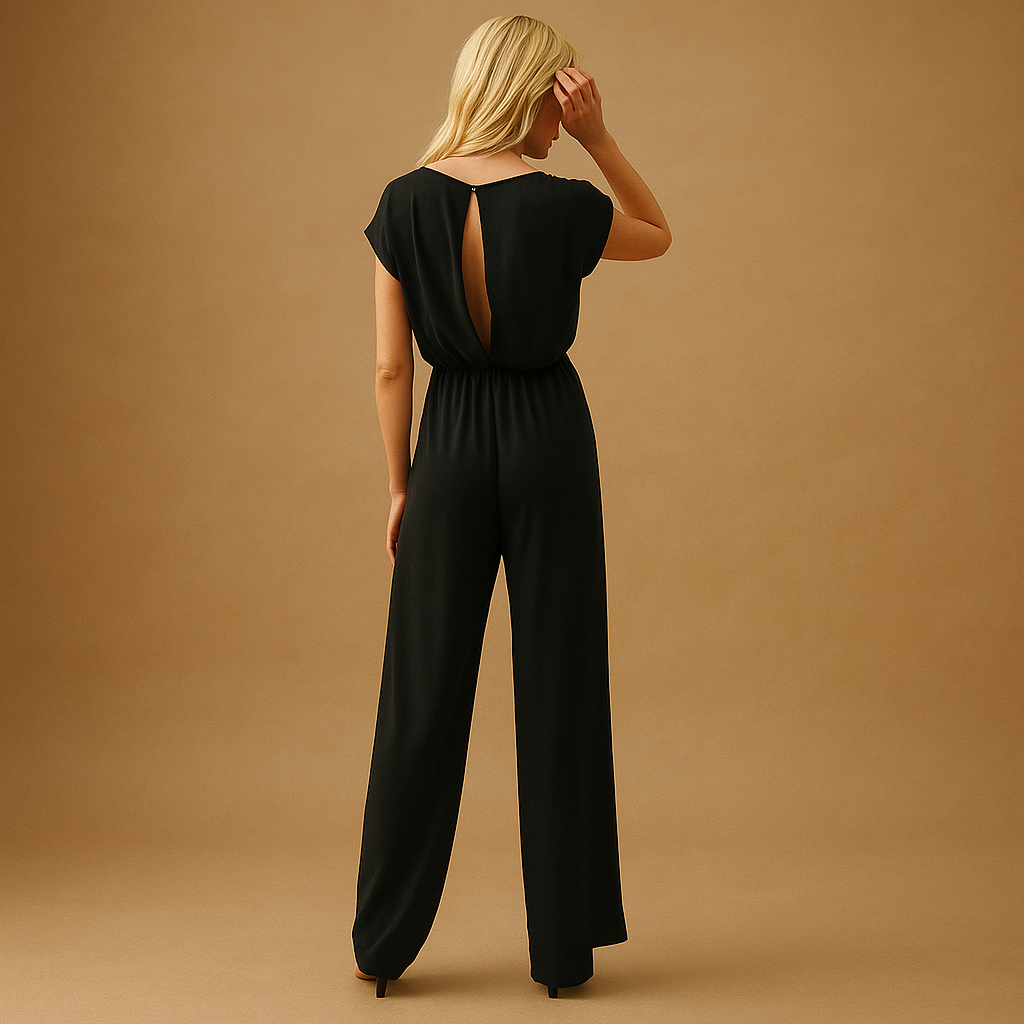 Zwarte jumpsuit dames met V-hals en wijde pijpen | Lotte 2