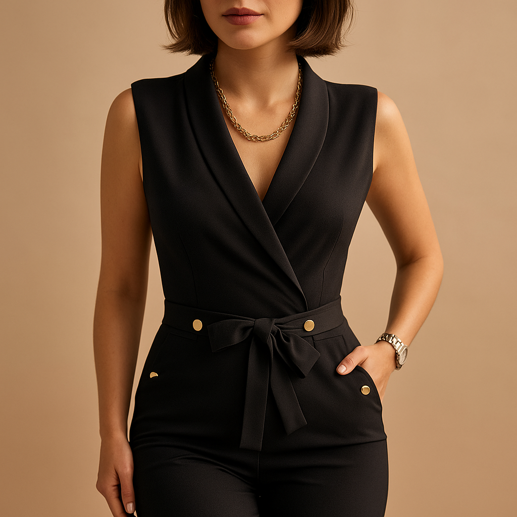 Feestelijke jumpsuit dames met V-hals en taille-strik | Yara 2