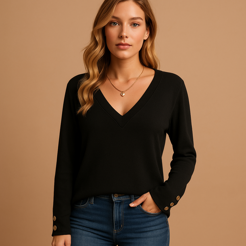Zwarte Dames Blouse Met V-hals En Knoopdetails | Jolien 1