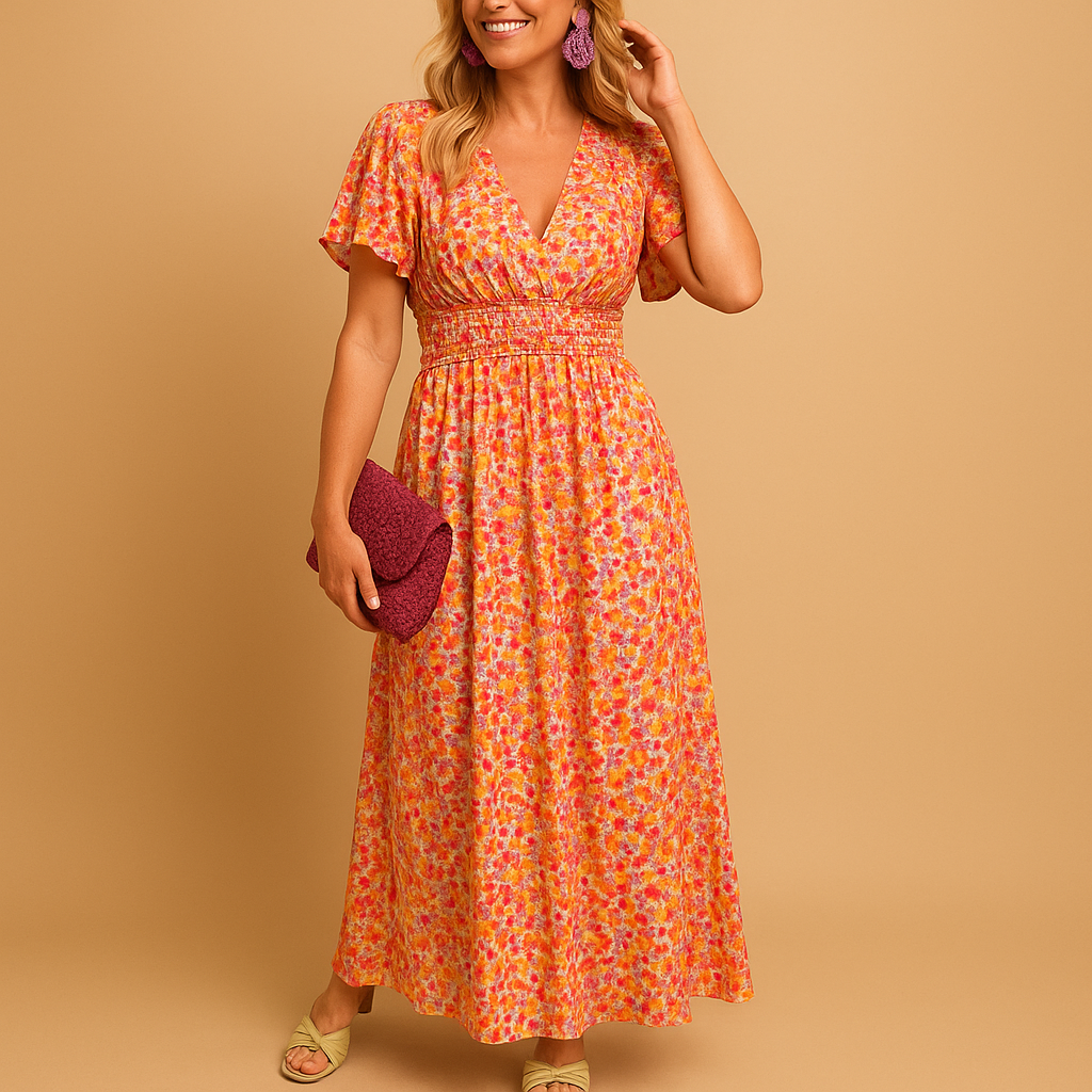 Lange bloemenprint maxi jurk met V-hals voor de zomer | Isabella 1