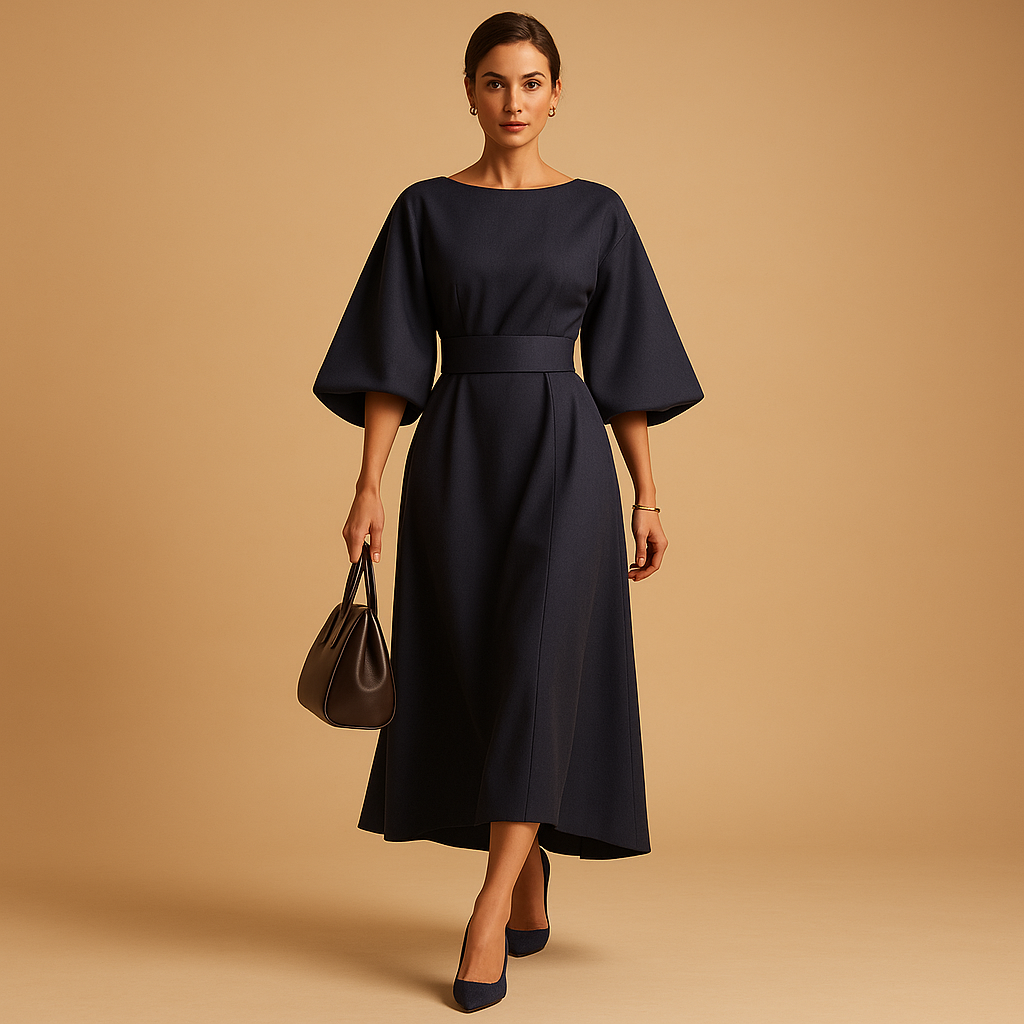 Elegante A-lijn midi-jurk met strikceintuur voor dames | Yente 2