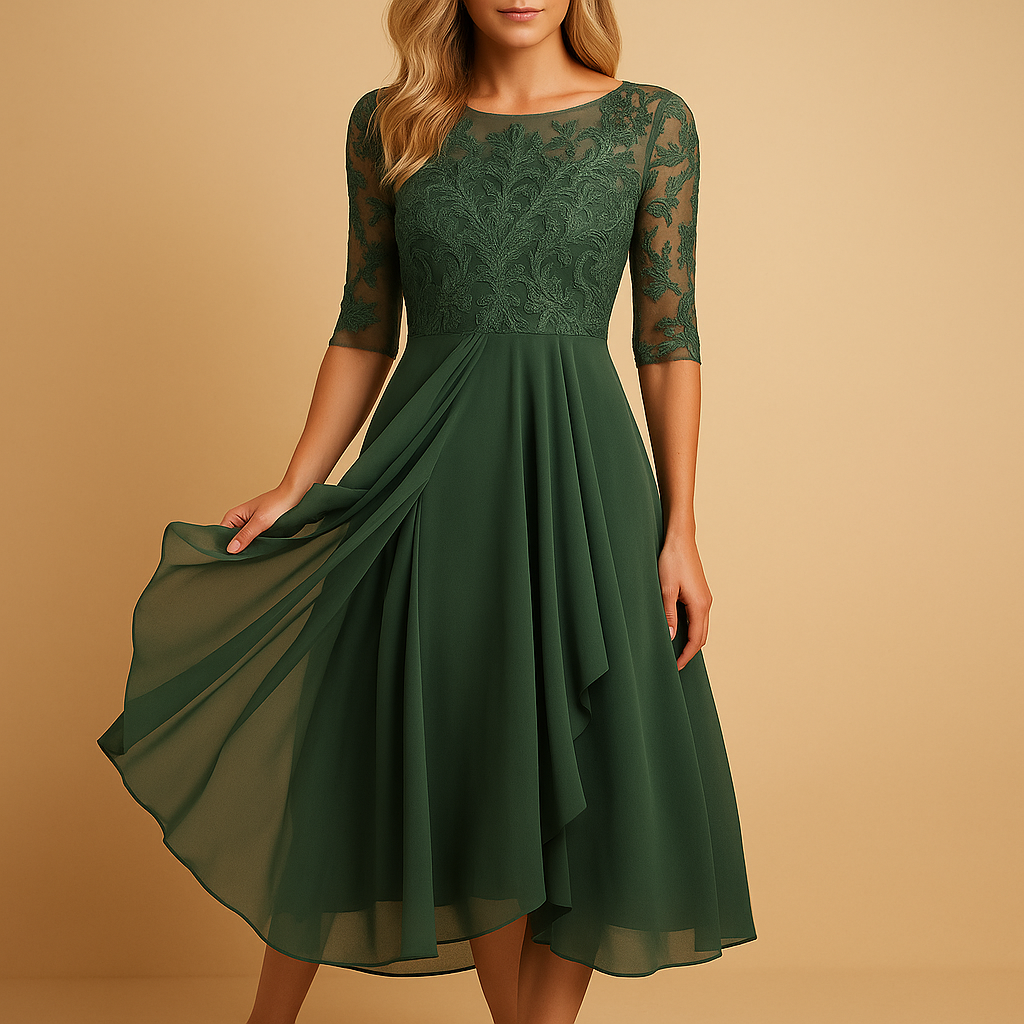 Midi Jurk Dames met Kanten Top en Asymmetrische Rok | Livia 2