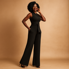 Feestelijke zwarte jumpsuit dames met wijde pijpen | Femke 4