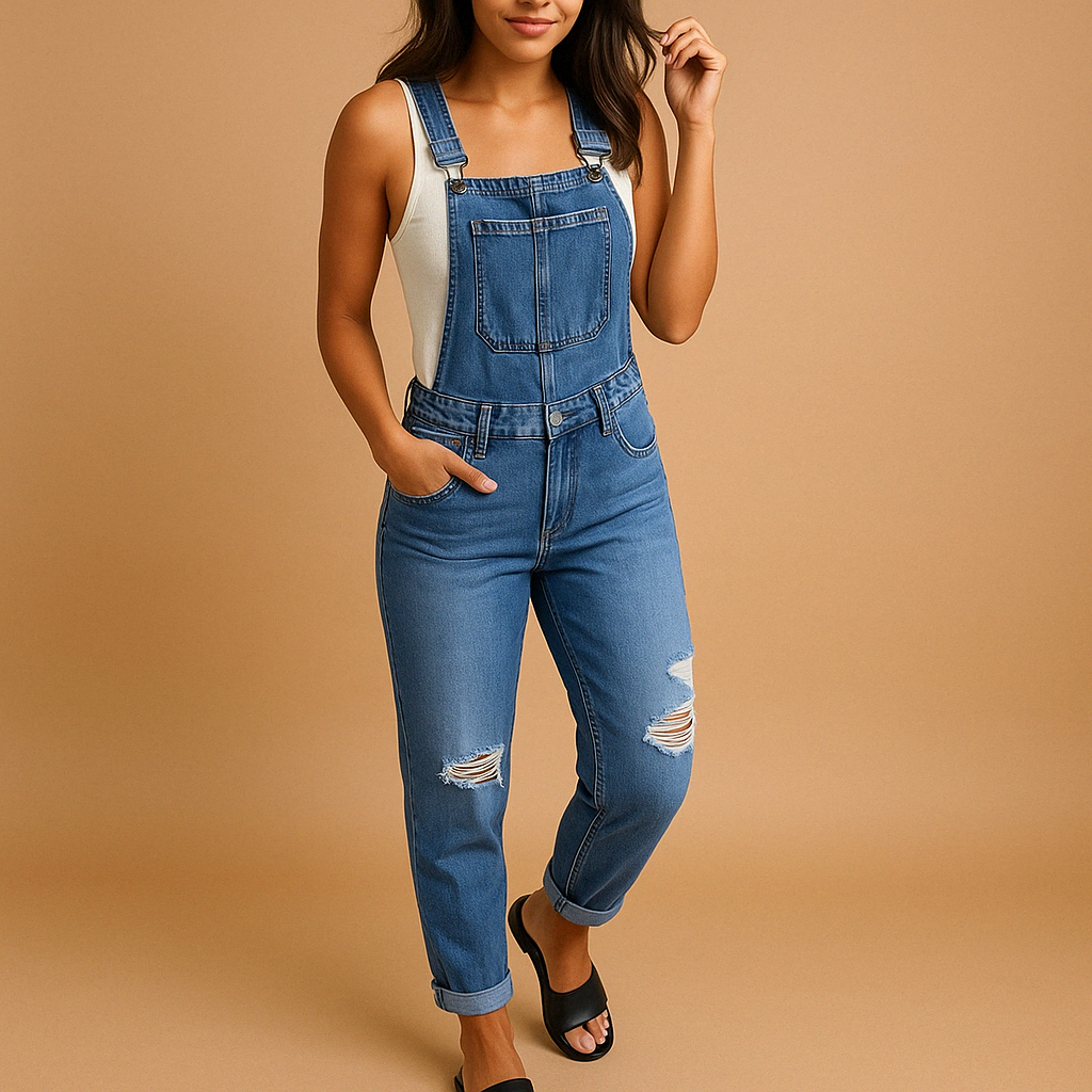 Denim Jumpsuit Dames met Verstelbare Bandjes en Ripped Details | Mila 2