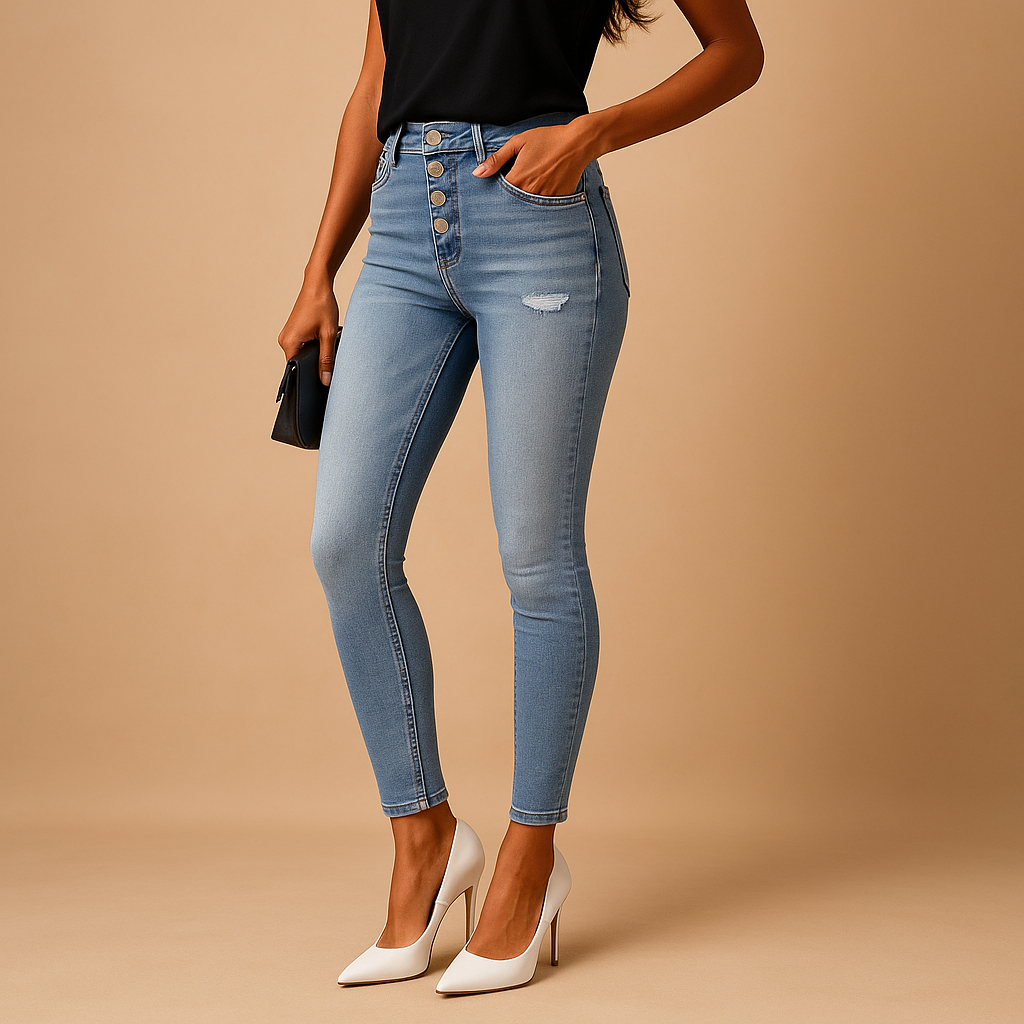 Spijkerbroek dames met gerafelde details en slim fit | Mila 1