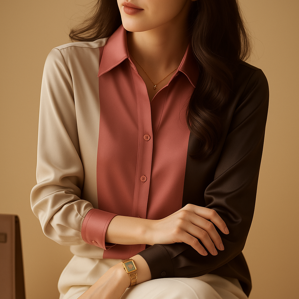 Elegante satijnen blouse met patchwork strepen voor dames | Giselle 2
