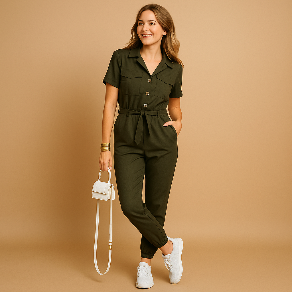 Getailleerde jumpsuit met V-hals en cargozakken | Nora 2